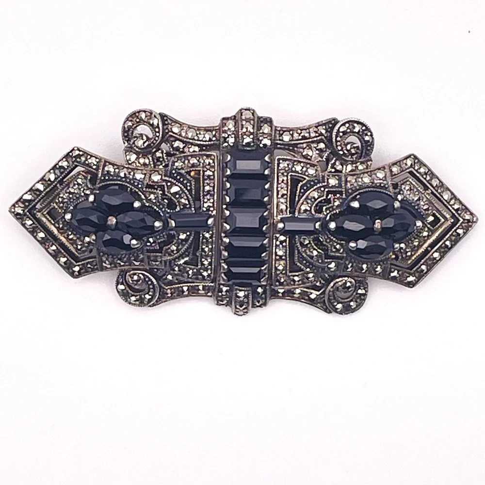 Vintage Art Deco Convertible Sterling Brooch Duette Dress Clip Set Black Crystal